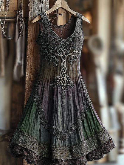 Women's Vintage  Viking Tree Of Life Gradient Linen Dress artswardrobe