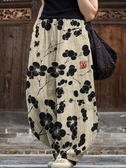 Comstylish Cherry Blossom Japanese Lino Art Flowy Wide Leg Pants