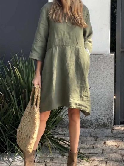 Comstylish Cute Solid Color Pockets Linen Blend Midi Dress