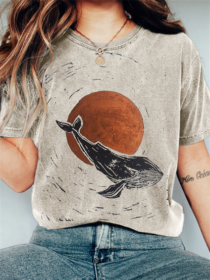 Comstylish Whale & Sunrise Japanese Lino Art Vintage Washed T Shirt