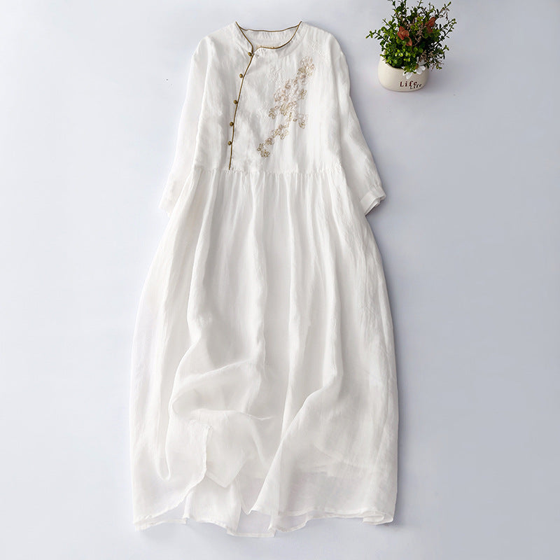 Comstylish Vintage Japanese Art Embroidery Button Cotton Linen Maxi Dress