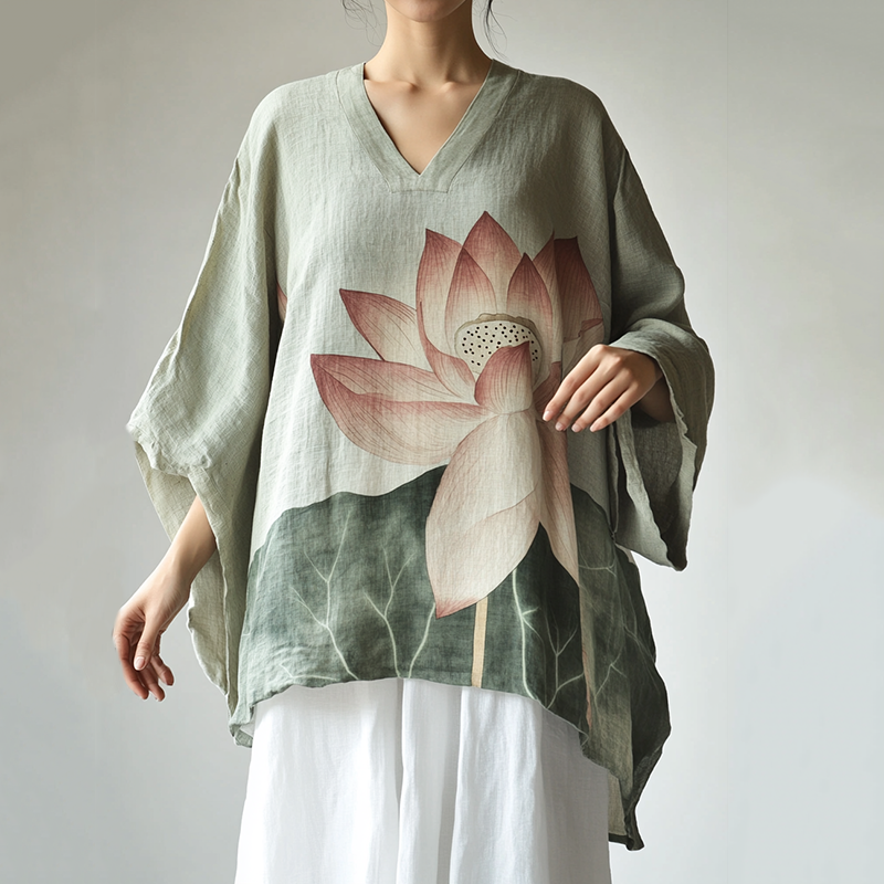 Comstylish Boho Floral Lotus Print Cotton And Linen Blend Loose Blouse