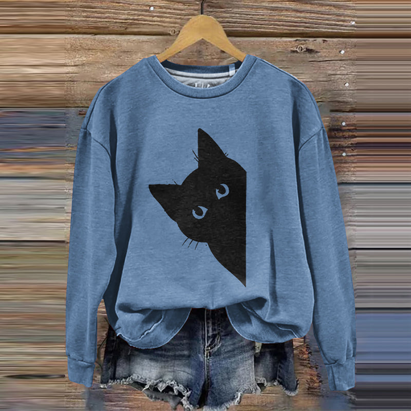 Women's Peek-A-Boo Black Cat Printed Sweatshirt elevenforest