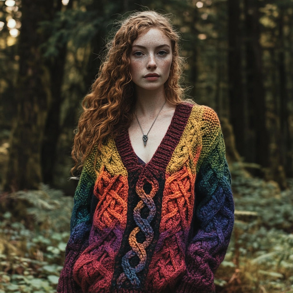 Vintage Rainbow Gradient Celtic Jacquard Chunky V-neck Aran Sweater artswardrobe