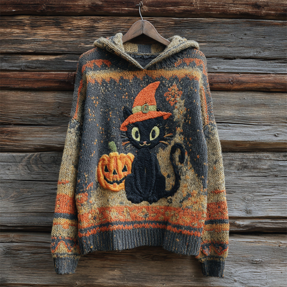 Comstylish Halloween Black Cat With Hat Women's Knit Hooded Sweater