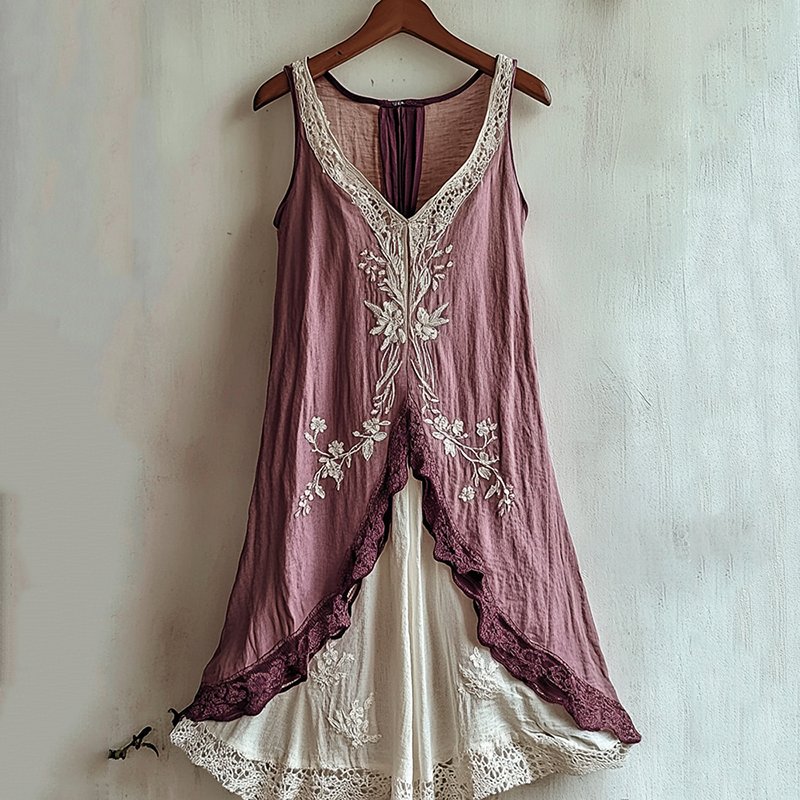 Comstylish Women's Cherry Blossom Lace Art Linen Tank Dress