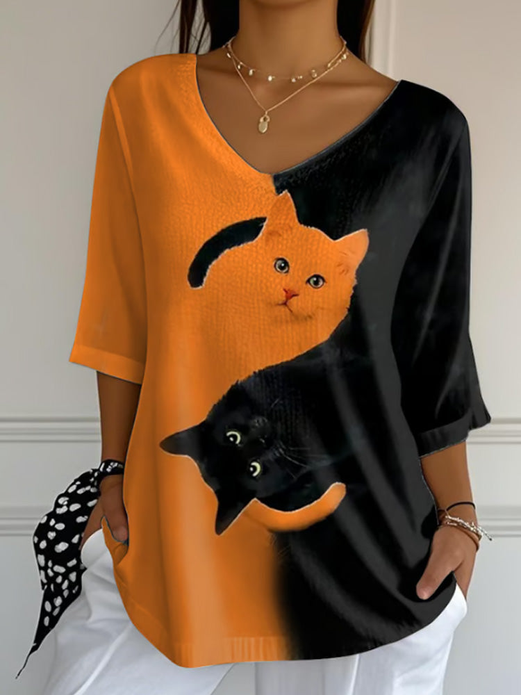 Comstylish Women's Autumn Cat Printed T-shirt
