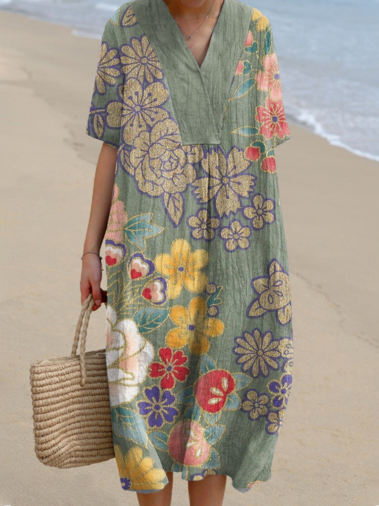 Vintage Floral Japanese Traditional Pattern Linen Blend Dress