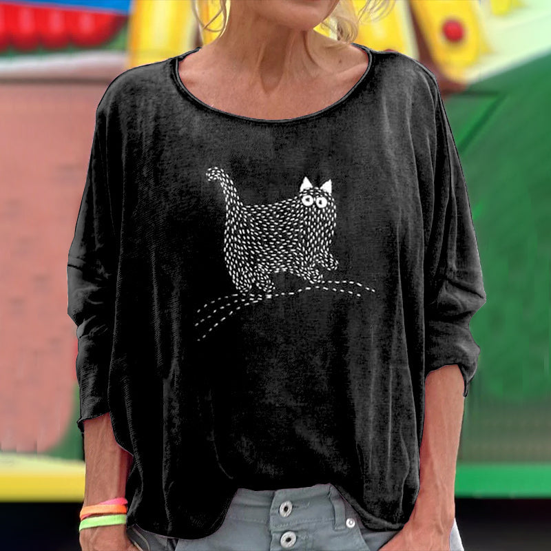 Women's Cute Cat Japanese Art Embroidered Long Sleeve T-shirt elevenforest