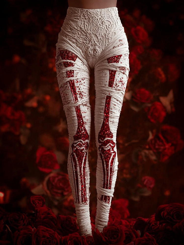 Vintage Skeleton Anatomy Bloody Bandages Cozy Knit Leggings artswardrobe