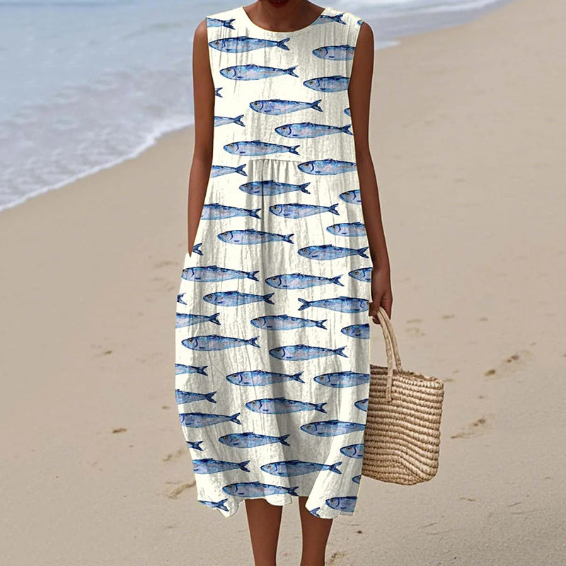 Women's Cute Fish Art Print Art Linen Tank Dress artswardrobe