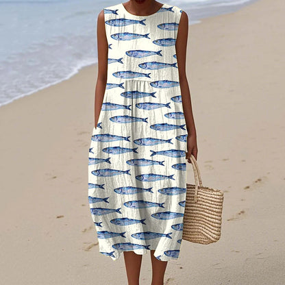Women's Cute Fish Art Print Art Linen Tank Dress artswardrobe