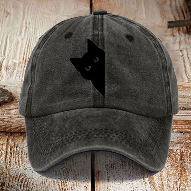 Comstylish Japanese Art Black Cat Print Washed Sun Hat