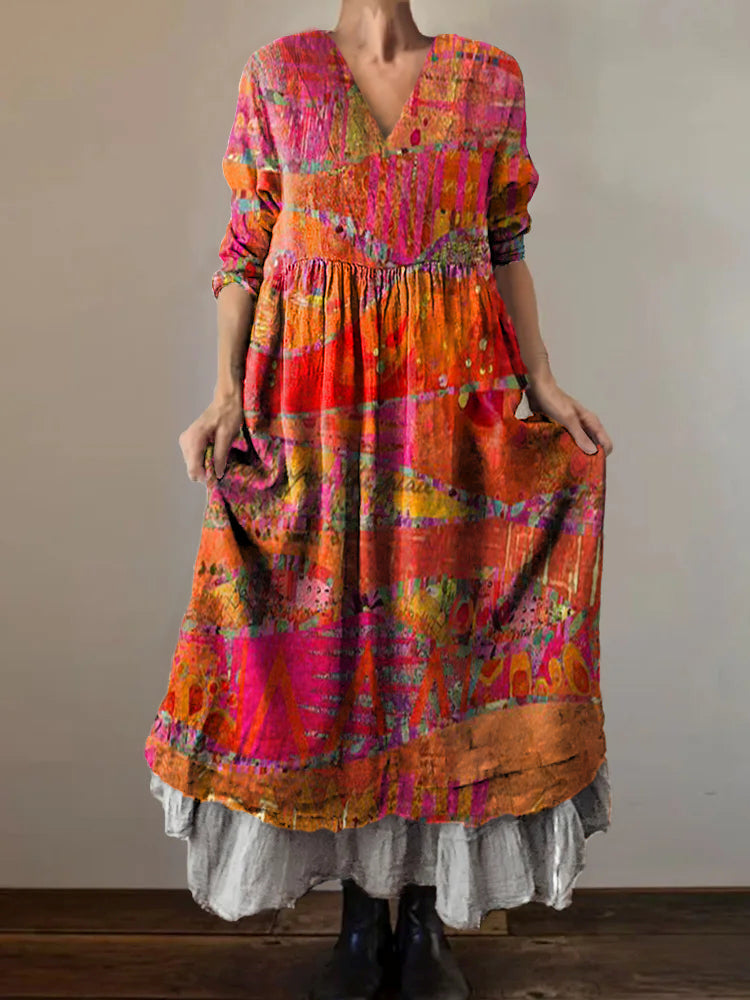 Women's Bohemian Ethnic Abstract Print V-Neck Pocket Cotton Dress