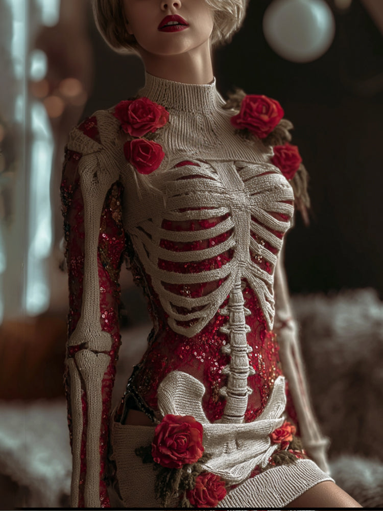 Women's Halloween Skeleton And Rose Bandage Round Neck Mini Skirt artswardrobe