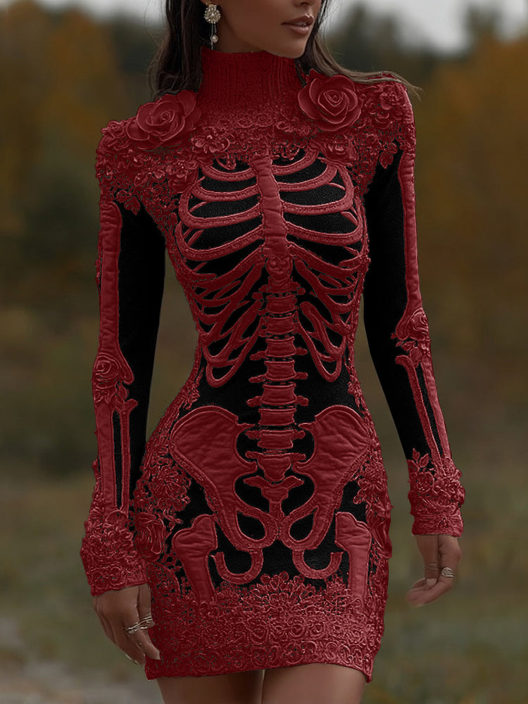 Women's Halloween Skeleton Bones With Rose Art Cozy Knit Turtleneck Mini Sweater Dress artswardrobe