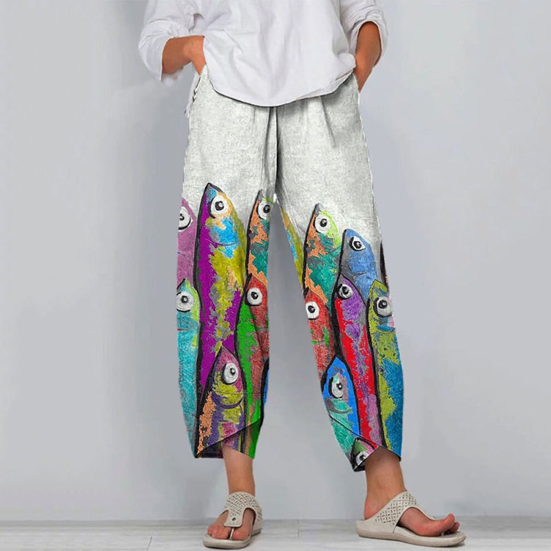 Comstylish Women'S Colorful Fish Art Printed Cotton And Linen Casual Pants