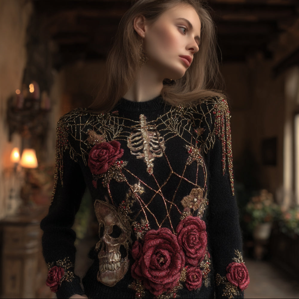 Comstylish Women's Halloween Embroidered Spider Web Rose Round Neck Sweater