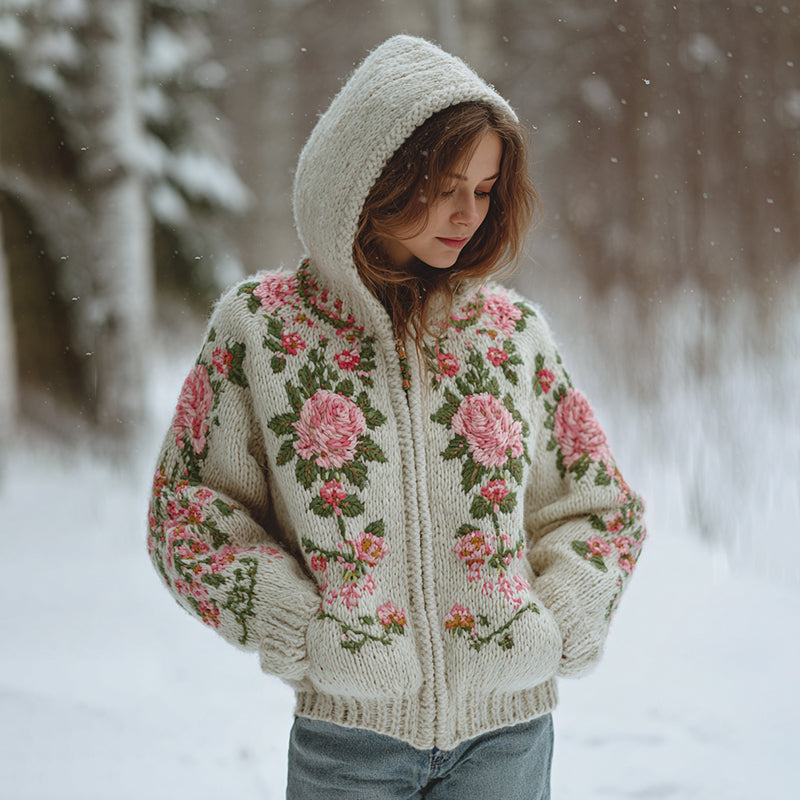 Comstylish Women's Bohemian Style Pink Rose Art Knit Zip-up Sweater