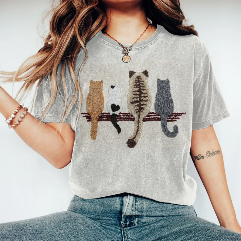 Cats Embroidered Vintage Washed T Shirt elevenforest