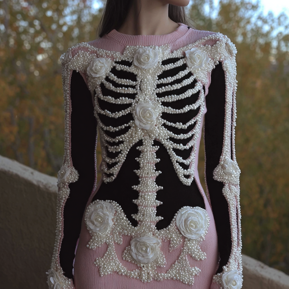 Comstylish Women's Retro Halloween Line Art Knitted Warm Sweater Dress