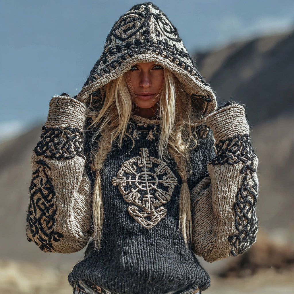Vegvisir Viking Celtic Runes Knit Jacquard Colorblock Design Cozy Hooded Sweater artswardrobe