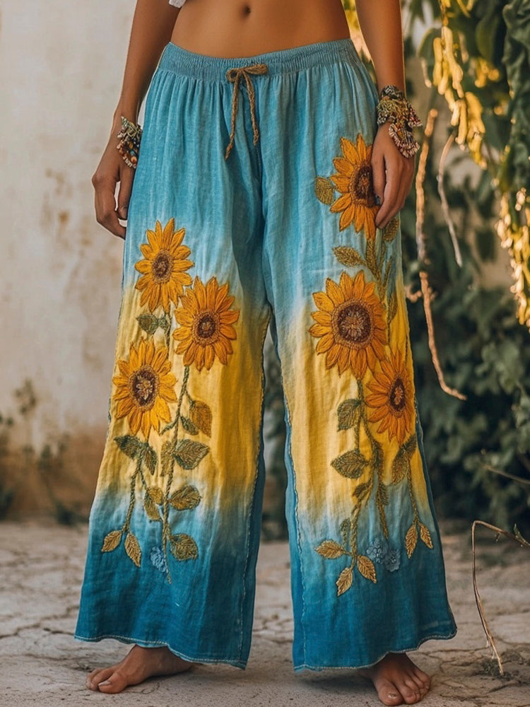 Boho Ethnic Sunflower Embroidered Gradient Linen Straight Leg Pant artswardrobe