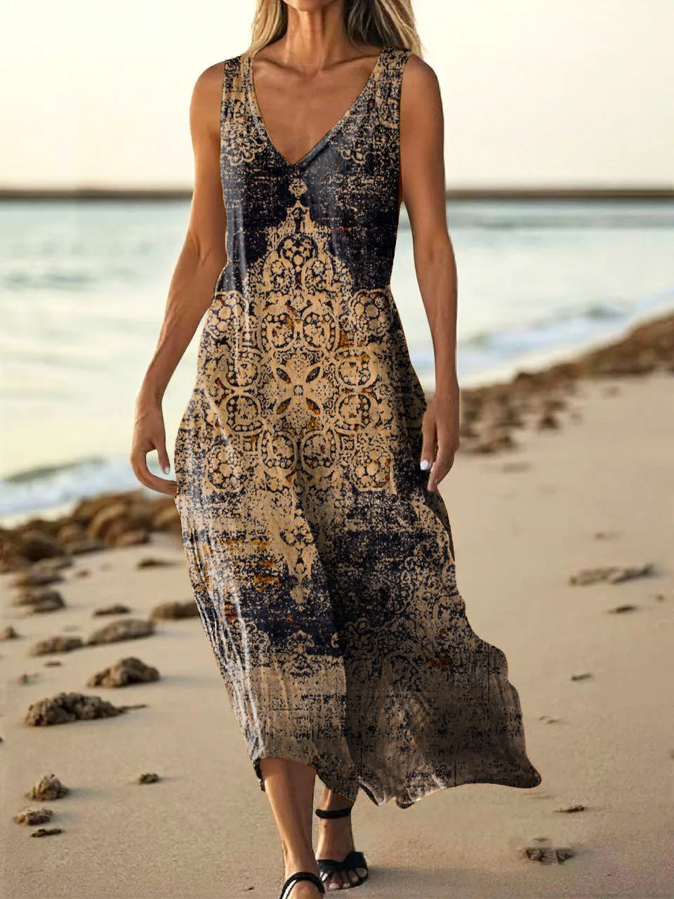 Women's Ethnic Totem Art Print V Neck Sleeveless Pocket Cotton Dress