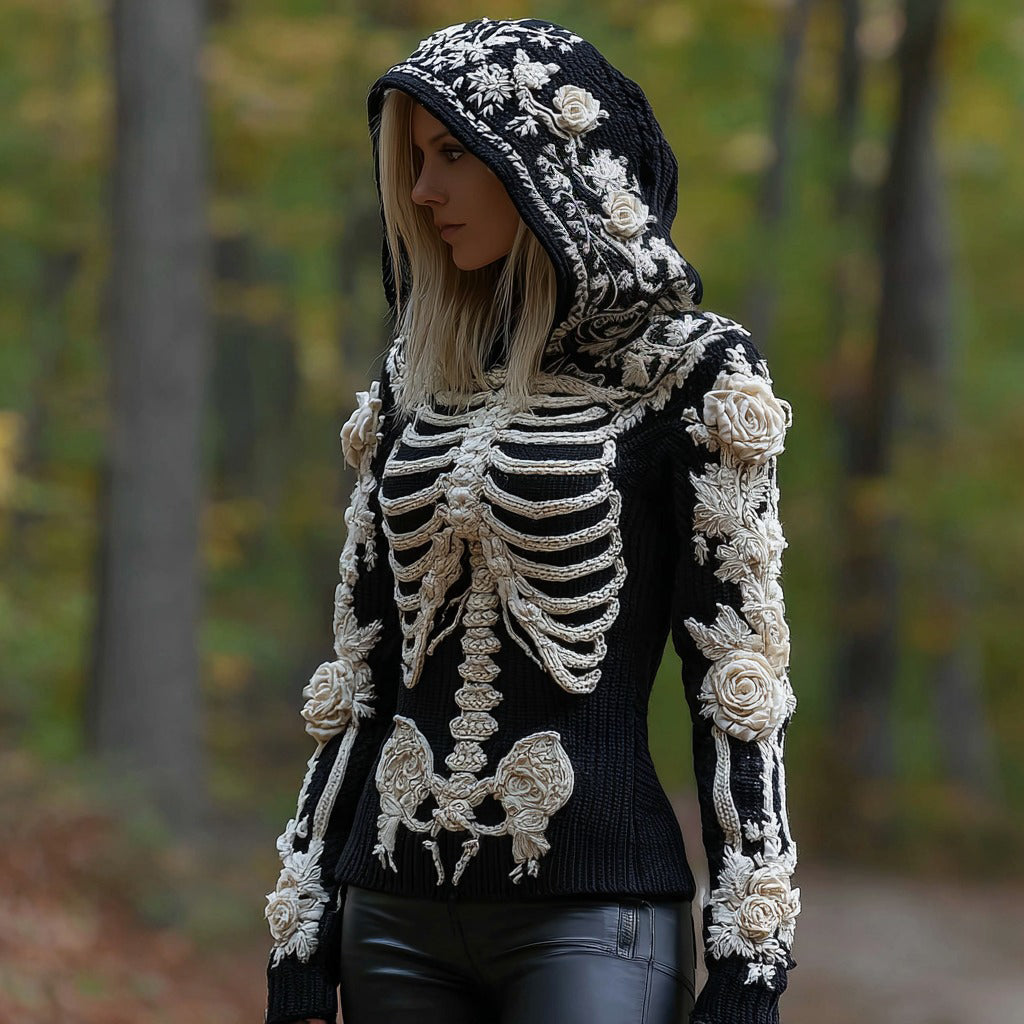 Women's  Halloween Skeleton Bones With Floral Art Knitted Warm Hooded Sweater artswardrobe