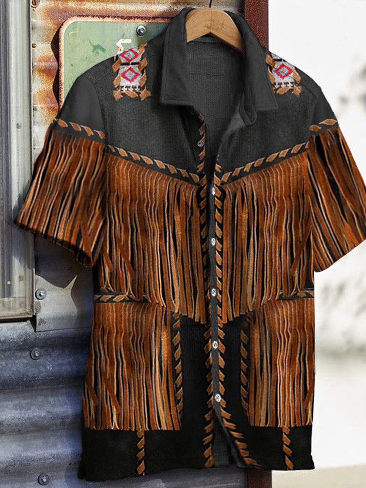 Vintage Leather Fringe Western Men's Short Sleeve Fashion Shirt artswardrobe