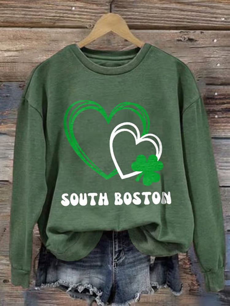 Comstylish Retro St Patrick's Day Love Heart Shamrock South Boston Print Sweatshirt
