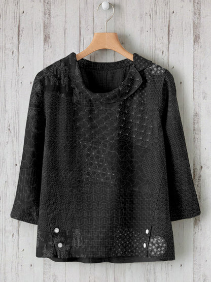Comstylish Japanese Traditional Sashiko Art Linen Blend Comfy Tunic