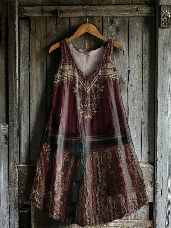 Women's Tattoo Patchwork Pattern Art Print V-Neck Pocket Cotton Dress