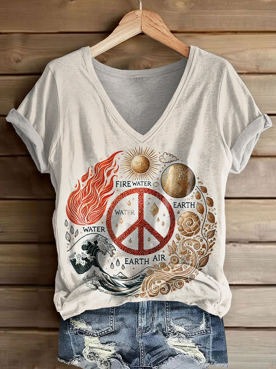 Women's Hippie Peace Art Print V-neck Casual T-Shirt