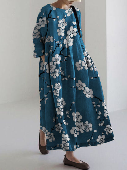 Comstylish Plum Blossom Japanese Lino Pattern Linen Blend Maxi Dress