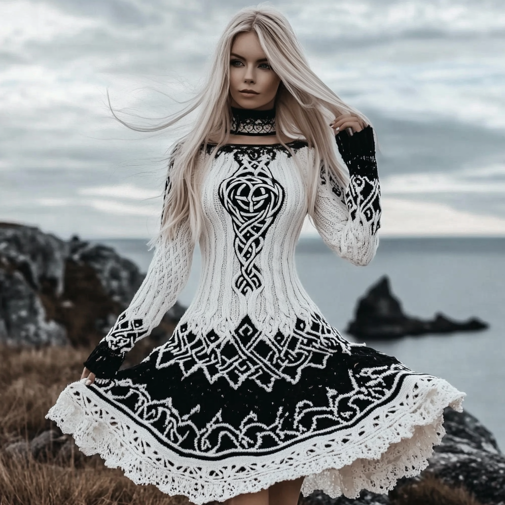 Vintage Celtic Knot Odin Triangle Jacquard Knit Crew Neck Dress artswardrobe