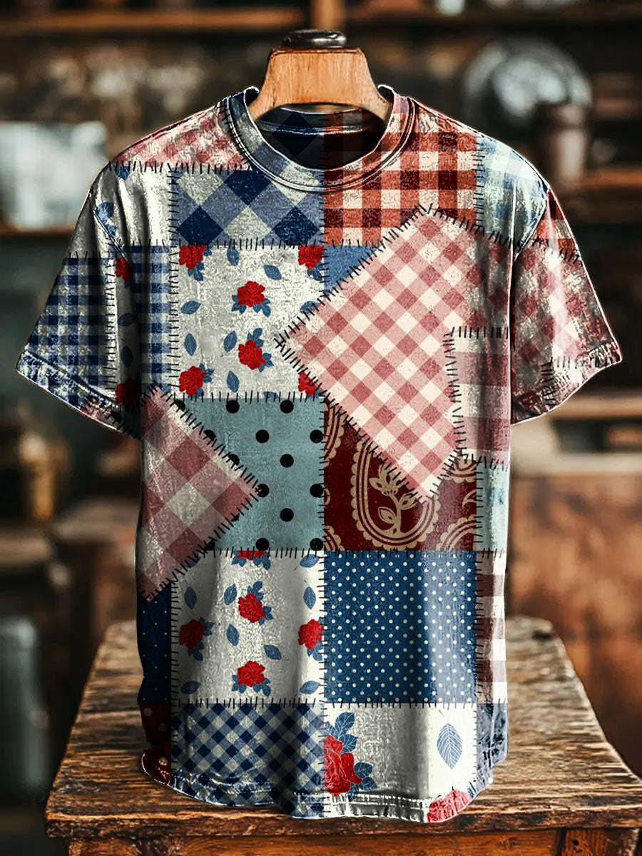 Vintage Flowers pattern Patchwork Art Print Casual T-shirt For Men And