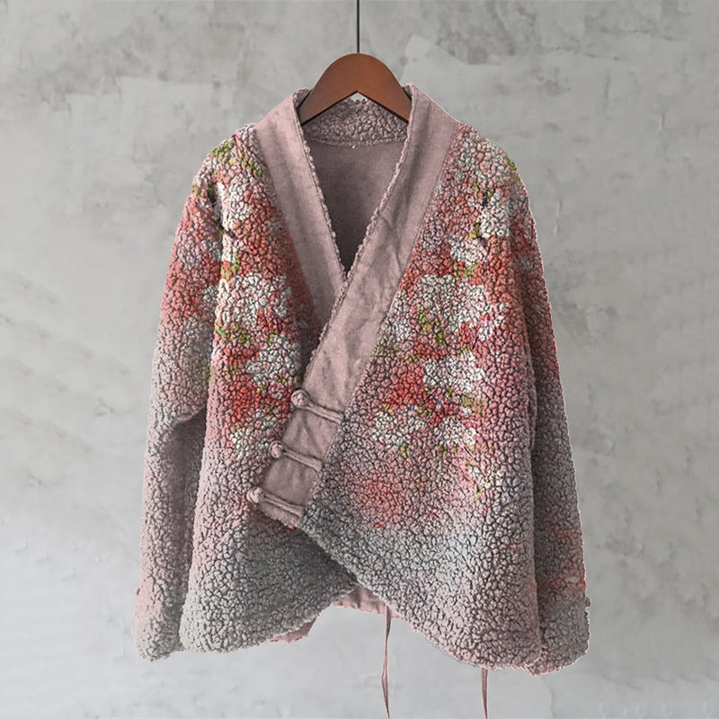 Comstylish Japanese Style Cherry Blossom Art Plush Cardigan