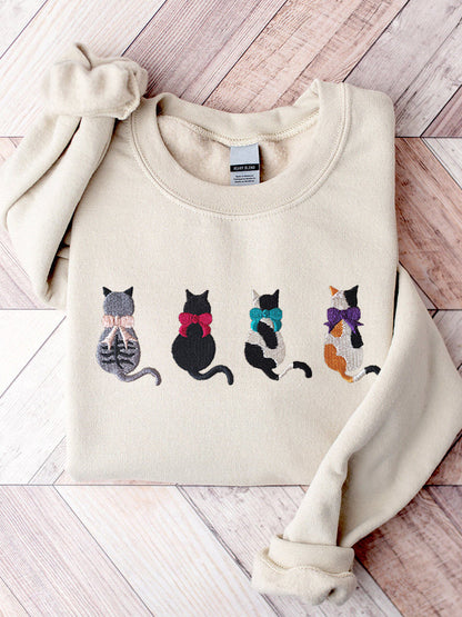 Cute Cat Embroidery Pattern Casual Sweatshirt elevenforest