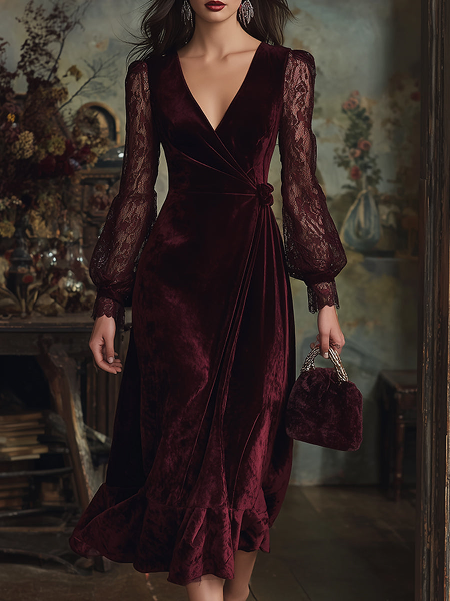 Vintage-style Exquisite Burgundy Velvet Lace Long-sleeved Maxi Dress