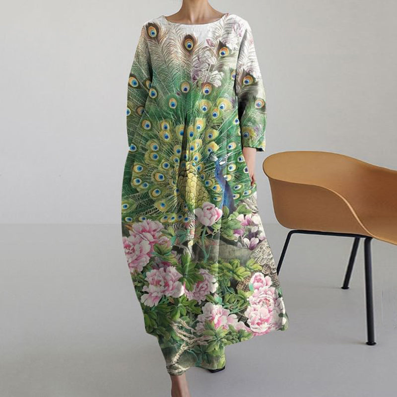 Comstylish Japanese Floral Peacock Art Vintage Long Sleeve Midi Dress