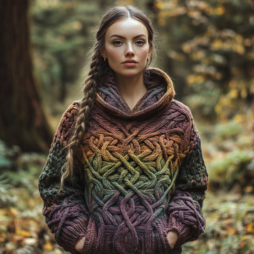 Women's Celtic Knot Colorful Vintage Jacquard Turtleneck Pocket Sweater artswardrobe