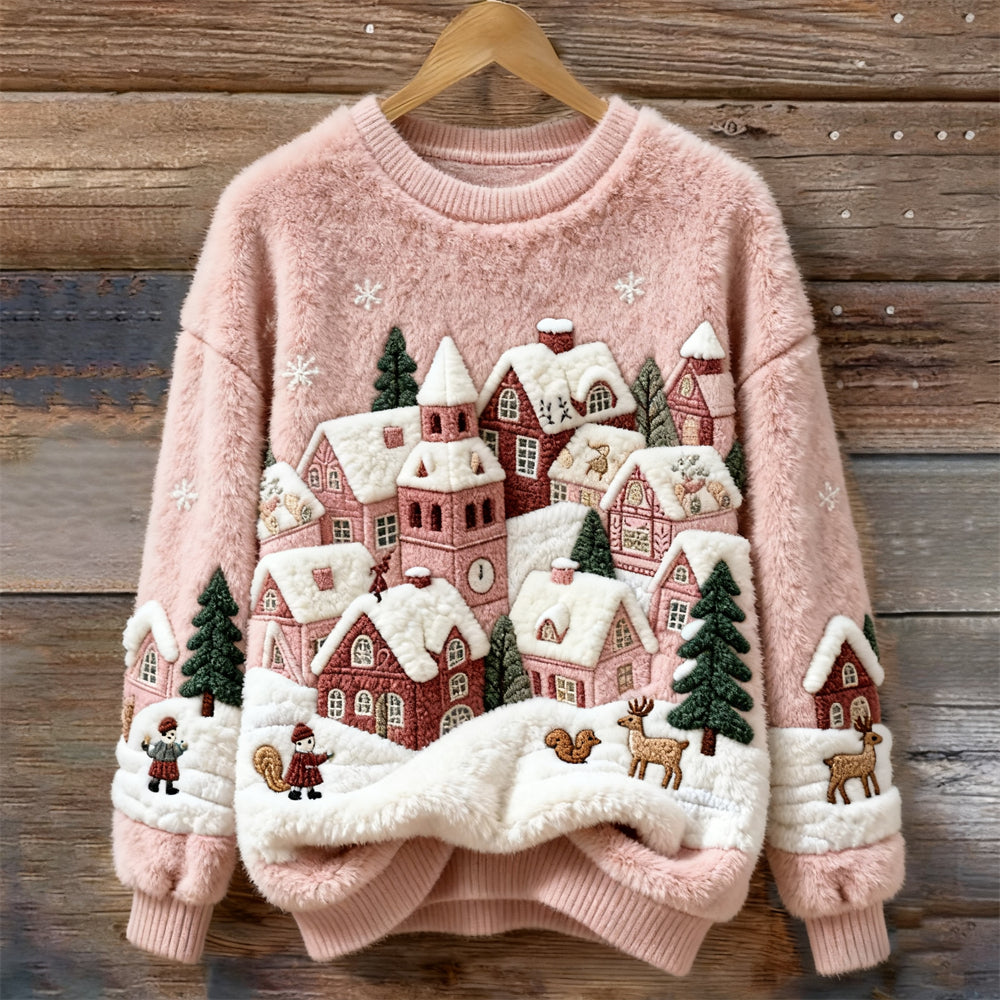 Christmas House Snow Scene Art Women's Cozy Plush Sweater artswardrobe