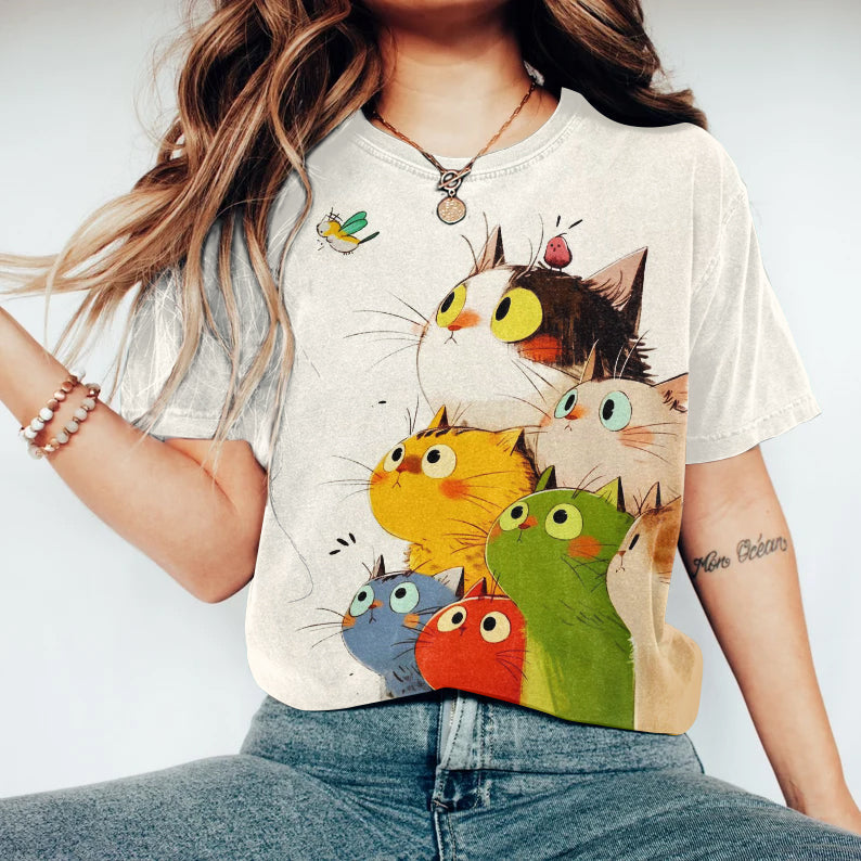 Abstract Creative Cat And Birds Fantasy Art  Print Cotton Graphic T-shirt elevenforest
