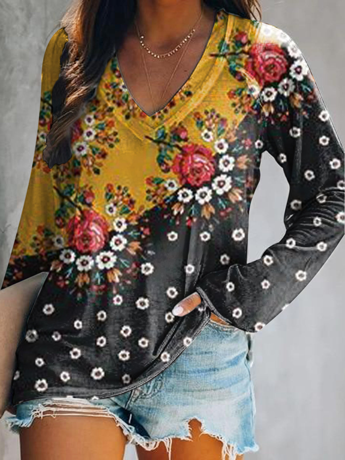 Women's Vintage Bohemian Floral Art Print Casual V Neck Long Sleeve To