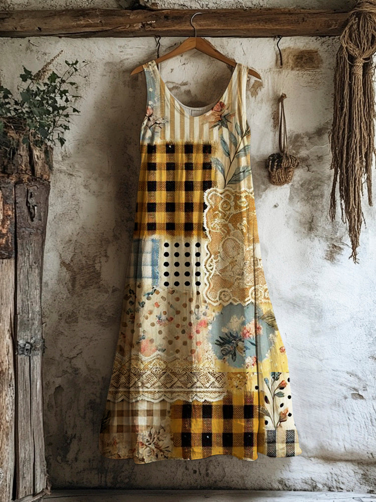 Vintage Floral Patchwork Art Women's Ruffle Tank Dress artswardrobe