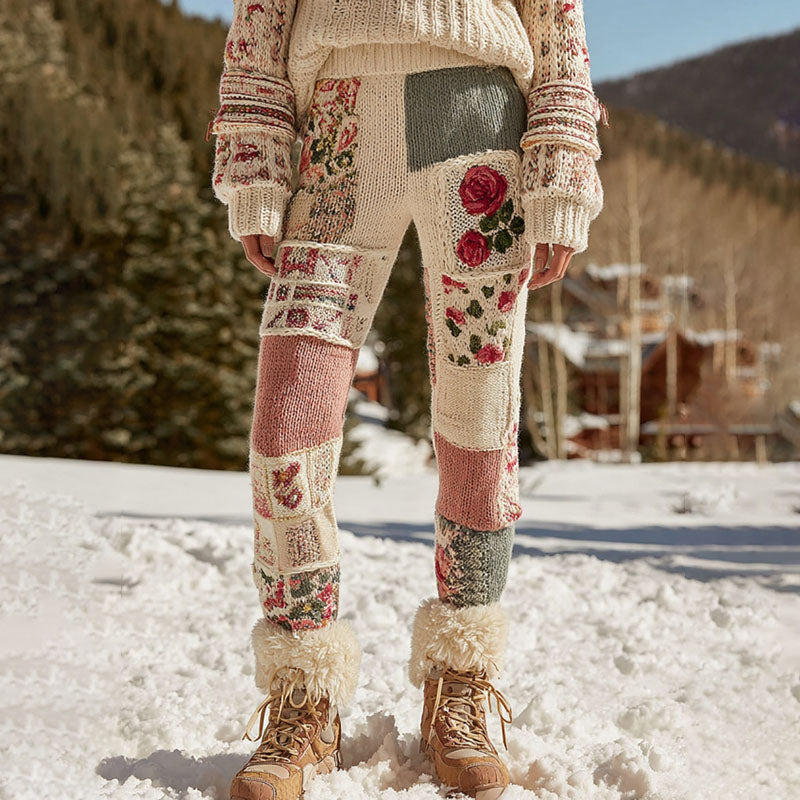 Women's Vintage Floral Patchwork Cozy Knit Leggings artswardrobe