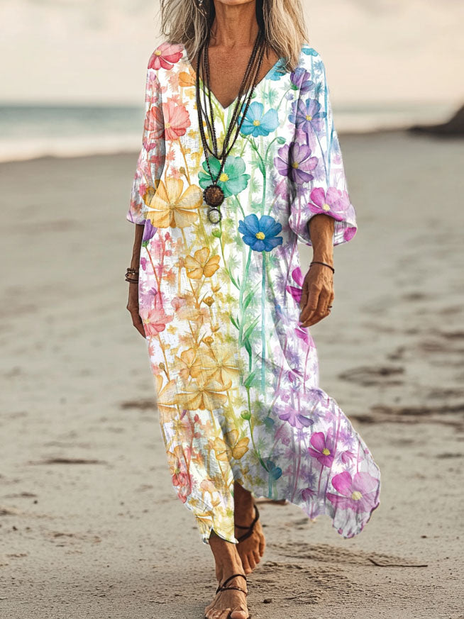 Women's Floral Art Print Pocket Cotton Dresses