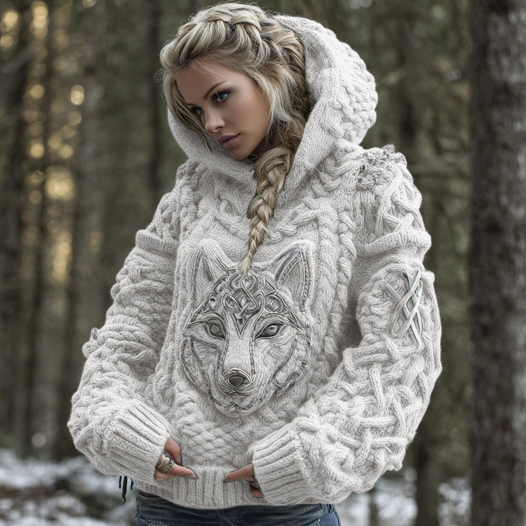 Women's Viking Celtic Wolf Knit Jacquard Warm Hooded Sweater artswardrobe