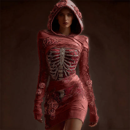 Classy Skeleton Anatomy Bloody Roses Bandages Hooded Sweater Dress artswardrobe